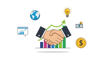 Illustration of a business handshake over a rising bar chart, surrounded by global, idea, finance, and growth icons