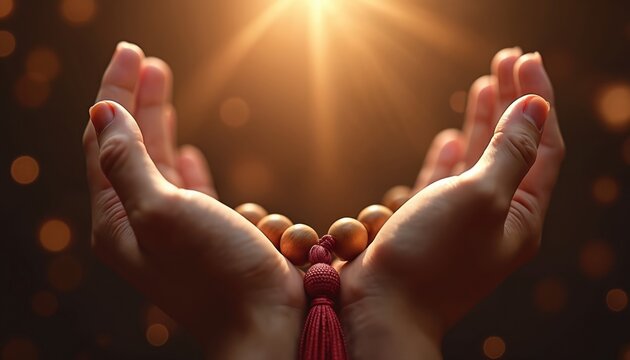 Hands hold wooden rosary beads for prayer and meditation. Spiritual light shines down on open palms. Peaceful devotion and faithful hope are conveyed.