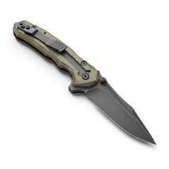 Olive green folding knife isolated on white background, a versatile tool for outdoor adventures and everyday carry