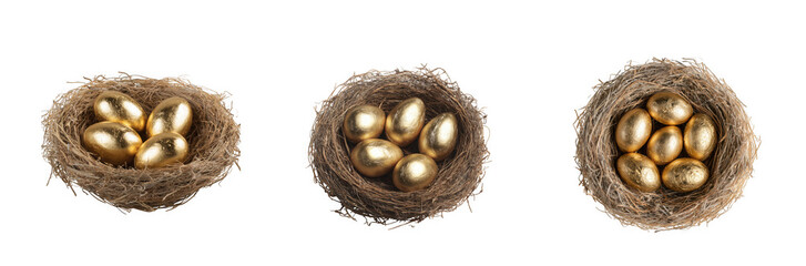 Three nests filled with golden eggs, isolated on transparent background