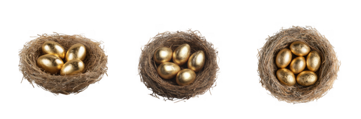 Three nests filled with golden eggs, isolated on transparent background