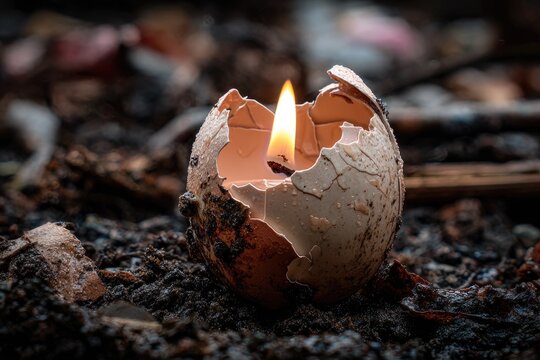 Lit candle inside broken eggshell on dark, textured earth - Powered by Adobe