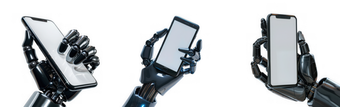 Robotic hand holding a smartphone with a blank screen, isolated on transparent background