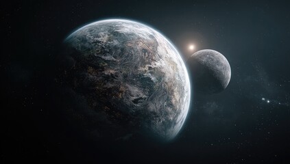 Obraz premium Earth-like planet & moon; star in background