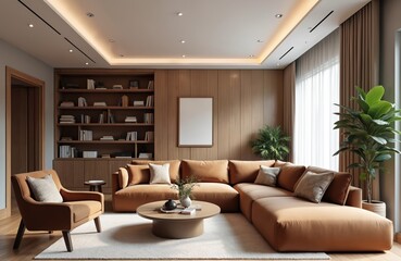 Fototapeta premium Modern spacious living room with warm brown sectional sofa, comfy armchair. Wood panel wall with bookshelf storage provides elegant backdrop. Round coffee table, green plants, large window with sheer