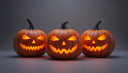 Three Scary Jack-o'-Lanterns Glowing Against Dark Gray Studio Backdrop