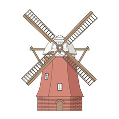 Obraz premium Traditional windmill illustration with wooden blades and red base 