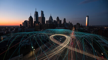 Cityscape at dusk with light trails and network visualization overlay at philadelphia pennsylvania