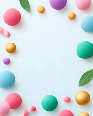 Christmas Flatlay Colorful round shapes and leaves arranged in a playful border on a light background.