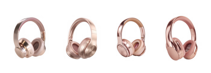 Four rose gold colored headphones with glitter accents, isolated on transparent background