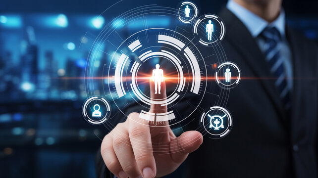 A person touching a digital interface with human icons and a blue background in a suit and tie