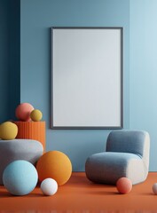 Empty frame in colorful room with geometric shapes