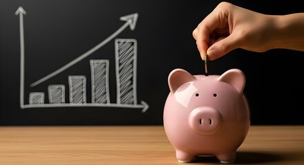 A hand inserting a coin into a pink piggy bank with a chalkboard growth chart in the background, symbolizing financial savings and investment growth. Ideal concept for finance, banking, or personal sa