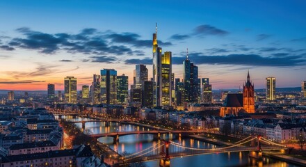 Fototapeta premium Captivating skyline of Frankfurt during twilight with Main River bridges