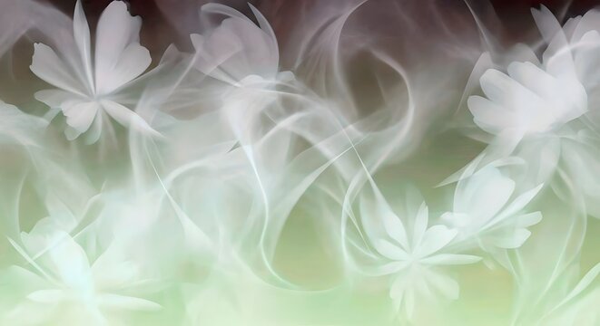 Abstract floral background with white flowers and swirling smoke soft and dreamy design for wallpaper or backdrop elegant and ethereal