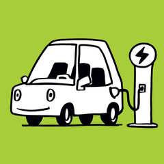 Sketch doodle electric car charging at the charger station. Vector illustration.