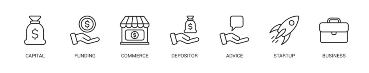 Angel Investor Line Icon Set For Web Banner. Vector Illustration Concept With Some Icons. Designed In Line Style