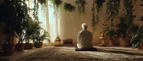 Senior man meditating in peaceful indoor garden