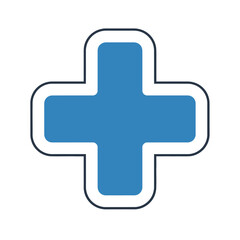 Obraz premium A blue plus sign with a white outline stands out against a white background, symbolizing healthcare, medicine, and positive concepts with a clean, modern design.