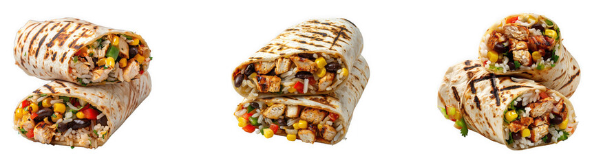 Three grilled wraps or burritos stacked and cut in half isolated on transparent background