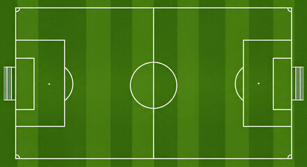 Top view of a green soccer field with clear white markings and goals, perfect for sports presentations and game strategy visuals