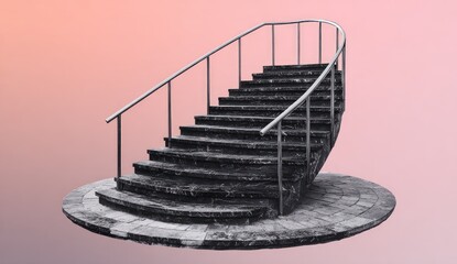 Stone spiral stairs with metal rail on a tiled base