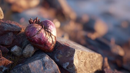 Anatomical heart rests on rocky ground, weathered sunlight