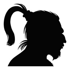 Silhouette of primitive man profile, caveman with ponytail and beard. Prehistoric human illustration, ancient history and anthropology concept isolated on white background