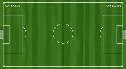 Top view of a soccer field with clearly marked lines and goal areas, perfect for sports design and strategy planning