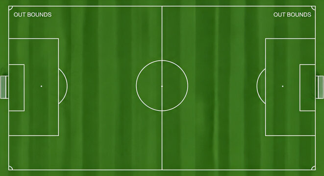 Top view of a soccer field with clearly marked lines and goal areas, perfect for sports design and strategy planning