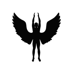 Silhouette of winged man with raised arms, angelic figure illustration, freedom and spiritual symbolism concept. Mythical fantasy art isolated on white background