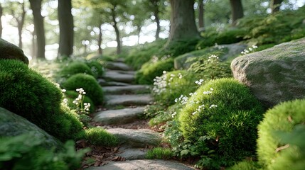 Zen Garden Pathway with Moss Covered Stones in Forest Natural Light