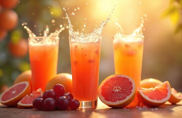 Fototapeta premium Three tall glasses of vibrant orange juice with ice, splashing liquid. Fresh grapefruits, grapes surround drinks, with warm sunlight filtering through in background, creating refreshing summer
