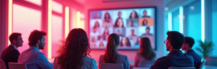 Diverse business people attend hybrid meeting in modern office. Watch large screen showing multiple remote participants in video conference. Tech setup enables global collab, future work, digital