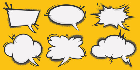 Manga speech bubble shapes. Comic frame for text with pop art halftone effect. Balloon chat shape for dialog. Vector cloud for shock shout and scream action messages. Irregular cartoon decorations