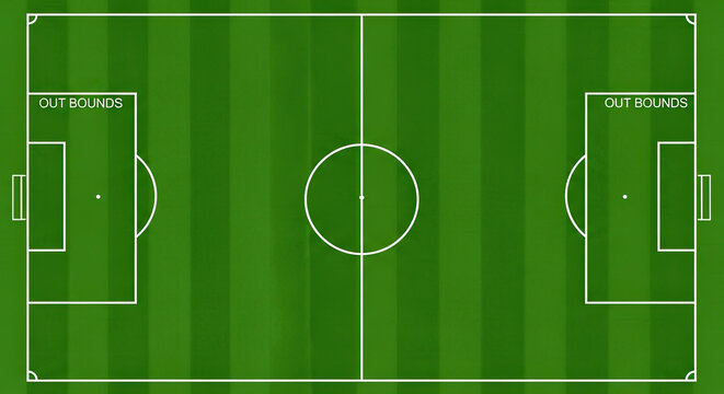 Top view of an empty soccer field with marked lines and out of bounds areas, ideal for sports presentations and game strategy visuals