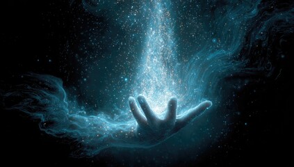 Hand reaching up, glowing particles swirl in dark ambiance