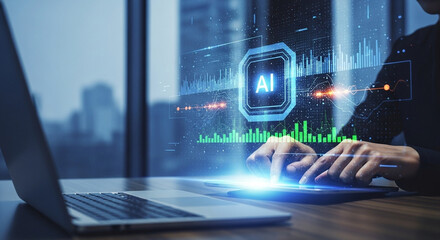 Person using tablet with ai hologram overlay next to laptop in modern office setting near window