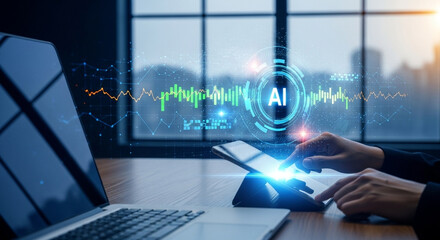 Person using tablet with ai interface overlay next to laptop in front of window with city view