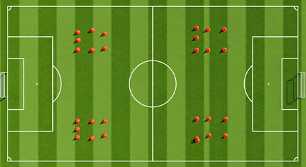 Top view of soccer field with orange training cones arranged in groups for drills and practice sessions