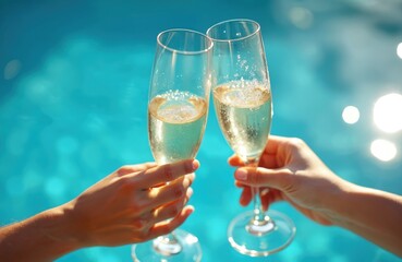 Two hands hold champagne flutes clinking over pool water. Sparkling wine bubbles rise in glasses. Sunny day celebration with refreshing cool drinks.