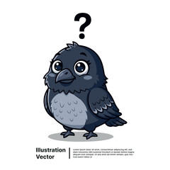 Cartoon crow with a question mark above its head, wondering and curious, simple and cute design