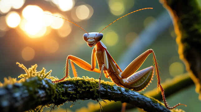 Praying mantis perched on mossy branch basks in the golden light of sunrise in a lush forest, creating a serene and magical atmosphere. - Powered by Adobe