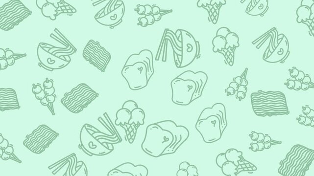 Animated Food Pattern - Delicious Japanese Cuisine Icons on Pastel Green.
