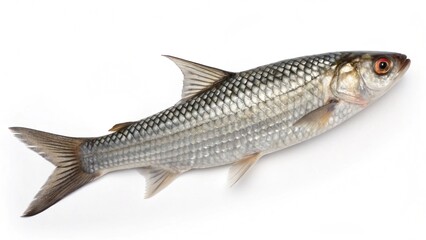Realistic Mullet Fish (Mugilidae) isolated on white studio background, side profile view, silvery scales, forked tail, marine wildlife, professional lighting