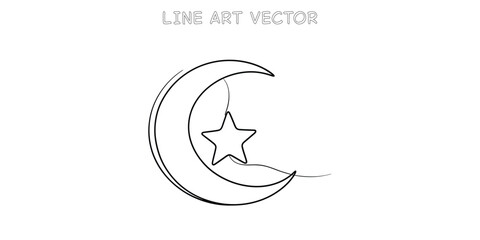 Simple crescent moon and star outline line art drawing