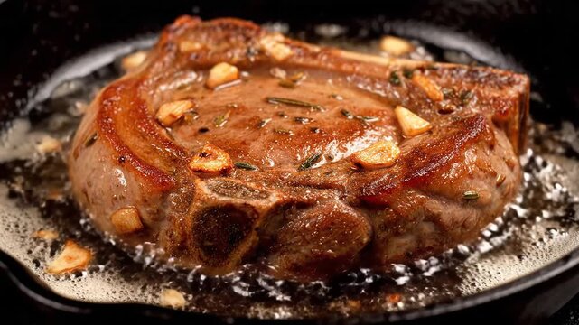 Delicious steak sizzling in a pan with butter and garlic for a tasty meal.