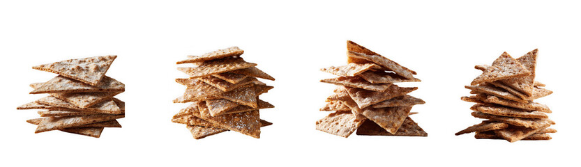 Four stacks of artisanal crackers with seeds, isolated on transparent background