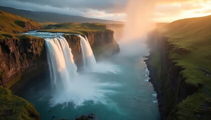 Dramatic waterfall cascades over rugged cliff into river. Water vapor covers scenic landscape. Green fields cover hills, add beauty to natural environment. Scenery inspires travel, nature exploration.