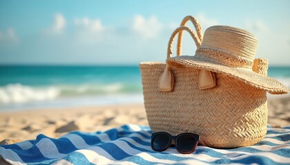 Woven straw bag, wide brim sunhat, and sunglasses rest on blue striped beach towel. Ocean waves and sand create a serene backdrop for summer vacation accessories, perfect for seaside leisure.